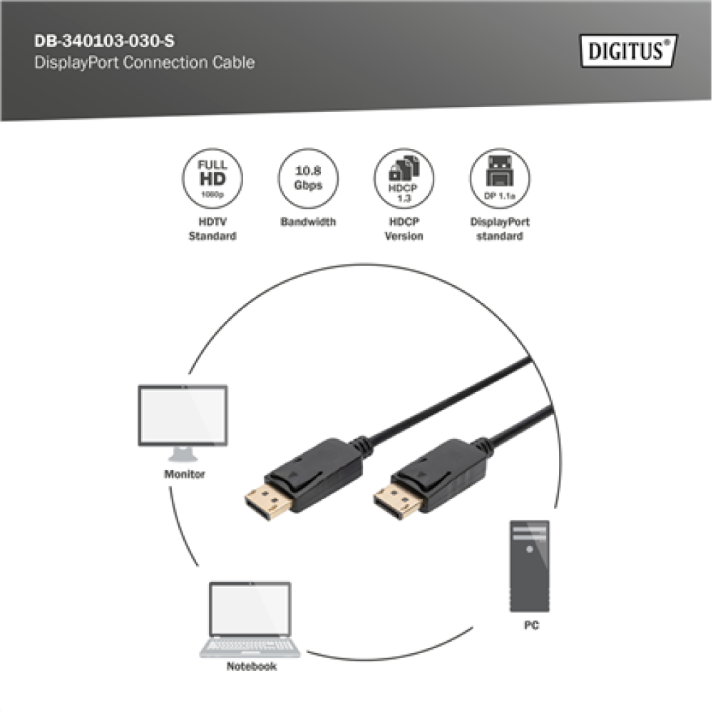Digitus , DisplayPort Connection Cable , AK-340103-030-S , 3 m