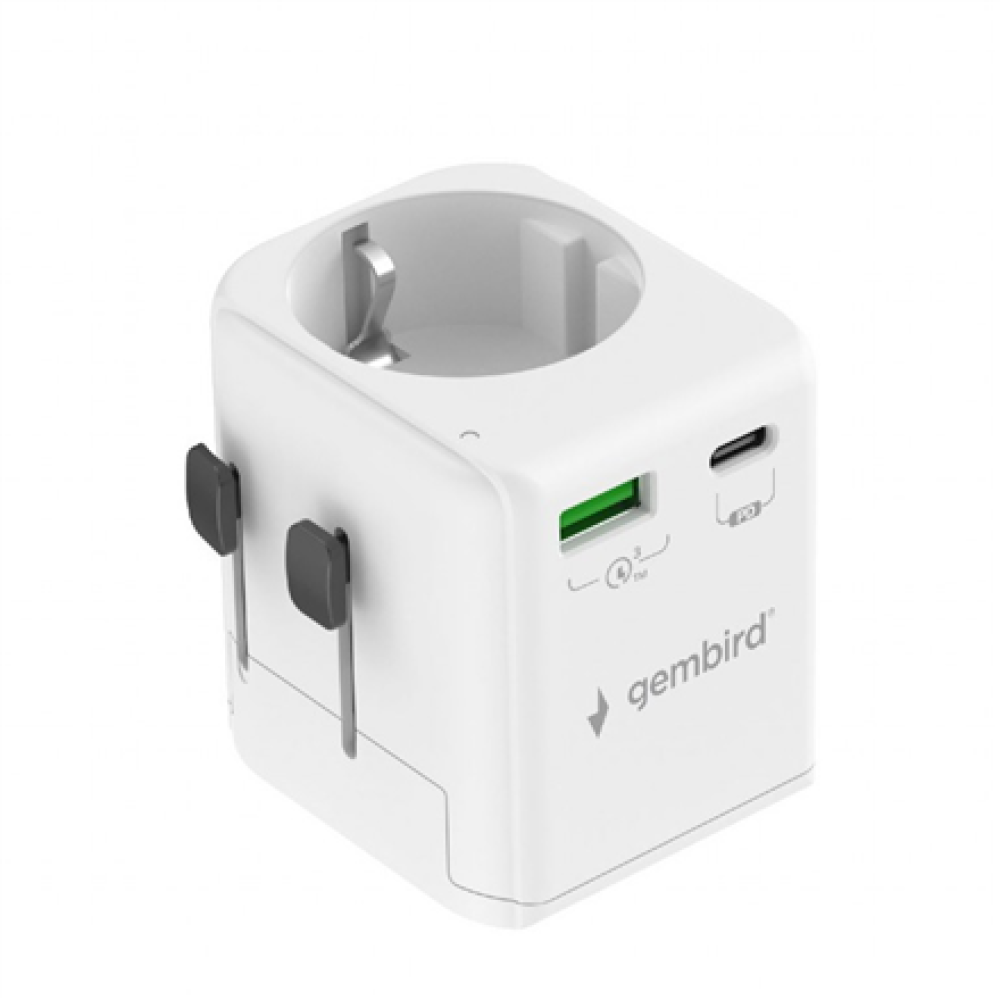 Gembird Grounded universal travel power adapter, 20 W , TPA-EU1A1C20-01-W