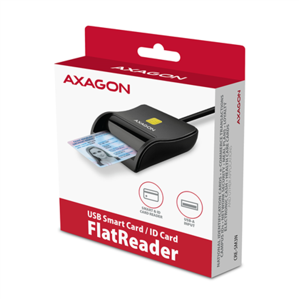 AXAGON Compact desktop USB contact Smart/ID card reader with long, USB-A cable , CRE-SM3N