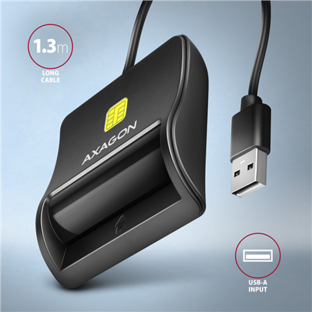 AXAGON Compact desktop USB contact Smart/ID card reader with long, USB-A cable , CRE-SM3N