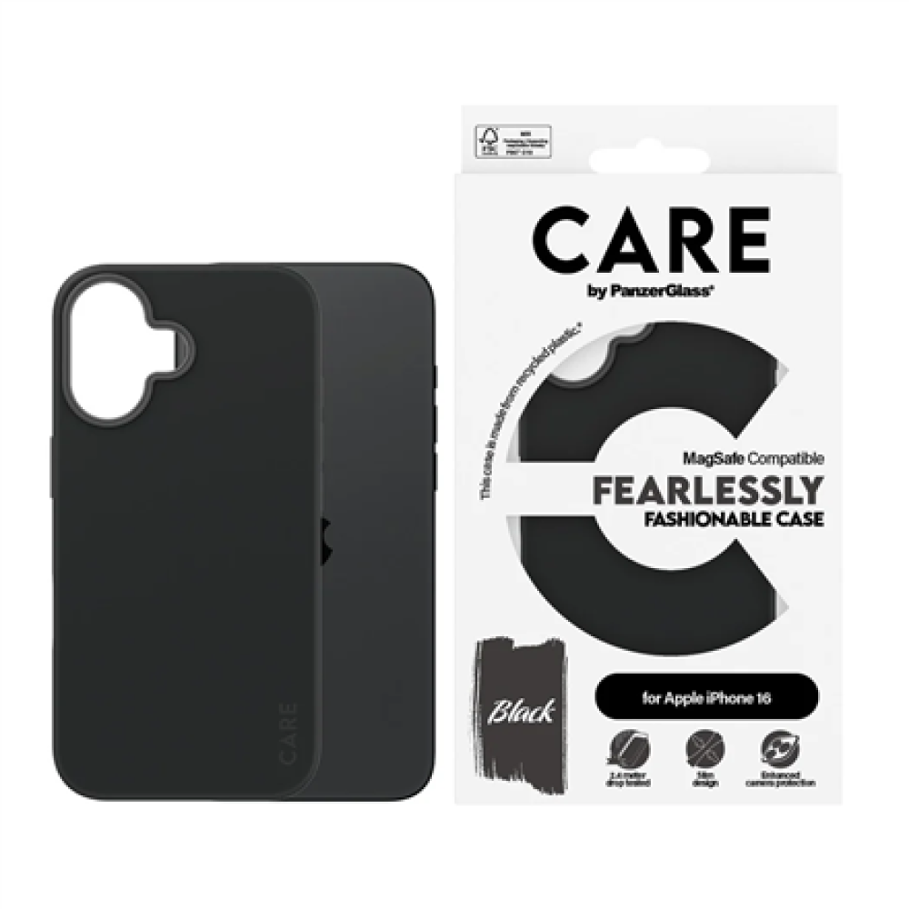 CARE Fashionable Case , Back cover , Apple , iPhone 16 , Recycled plastic , Black , MagSafe