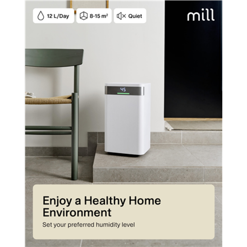 Mill Dehumidifier , MDH12 , Power 200 W , Suitable for rooms up to 8-15 m² , Water tank capacity 2 L , White