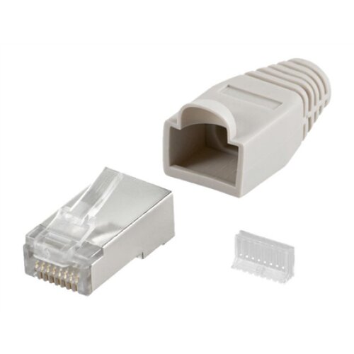 Goobay 68746 RJ45 plug, CAT 5e STP shielded with strain-relief boot, grey , for round cable with Threader cable lead in 6.4 mm single packed (1 set per polybag) Technical specifications Connections Connection, type RJ45 male (8P8C) Connection, contact mat