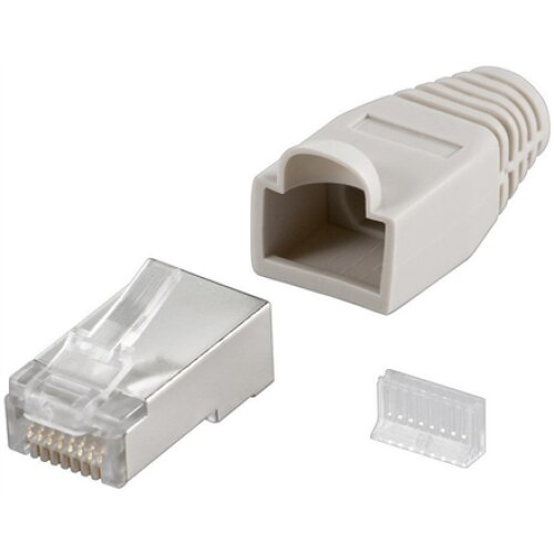 Goobay 68746 RJ45 plug, CAT 5e STP shielded with strain-relief boot, grey , for round cable with Threader cable lead in 6.4 mm single packed (1 set per polybag) Technical specifications Connections Connection, type RJ45 male (8P8C) Connection, contact mat