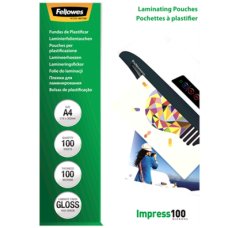 Fellowes , Laminating Pouch , A4 , Clear , Thickness: 100 micron, Qty Per Pack: 100 pcs; Ideal for notices, craft materials, signage and frequently handled documents; Compatible with all laminator brands