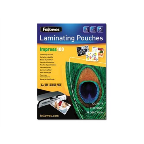 Fellowes , Laminating Pouch , A4 , Clear , Thickness: 100 micron, Qty Per Pack: 100 pcs; Ideal for notices, craft materials, signage and frequently handled documents; Compatible with all laminator brands
