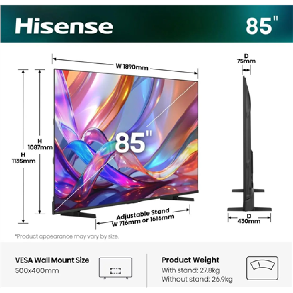 Hisense TV , 85E7S , 85 , Smart TV , VIDAA OS , UHD , Black