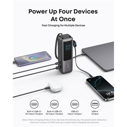 Anker Zolo Powerbank , A1695H11 , 25000 mAh , Built-In USB-C and Retractable Cable) , Grey