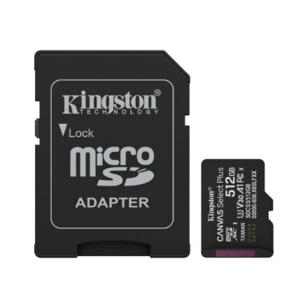 Kingston Canvas Select Plus , 512 GB , microSD , Flash memory class Class 10, UHS-I, U1/U3, video class 10/30, A1