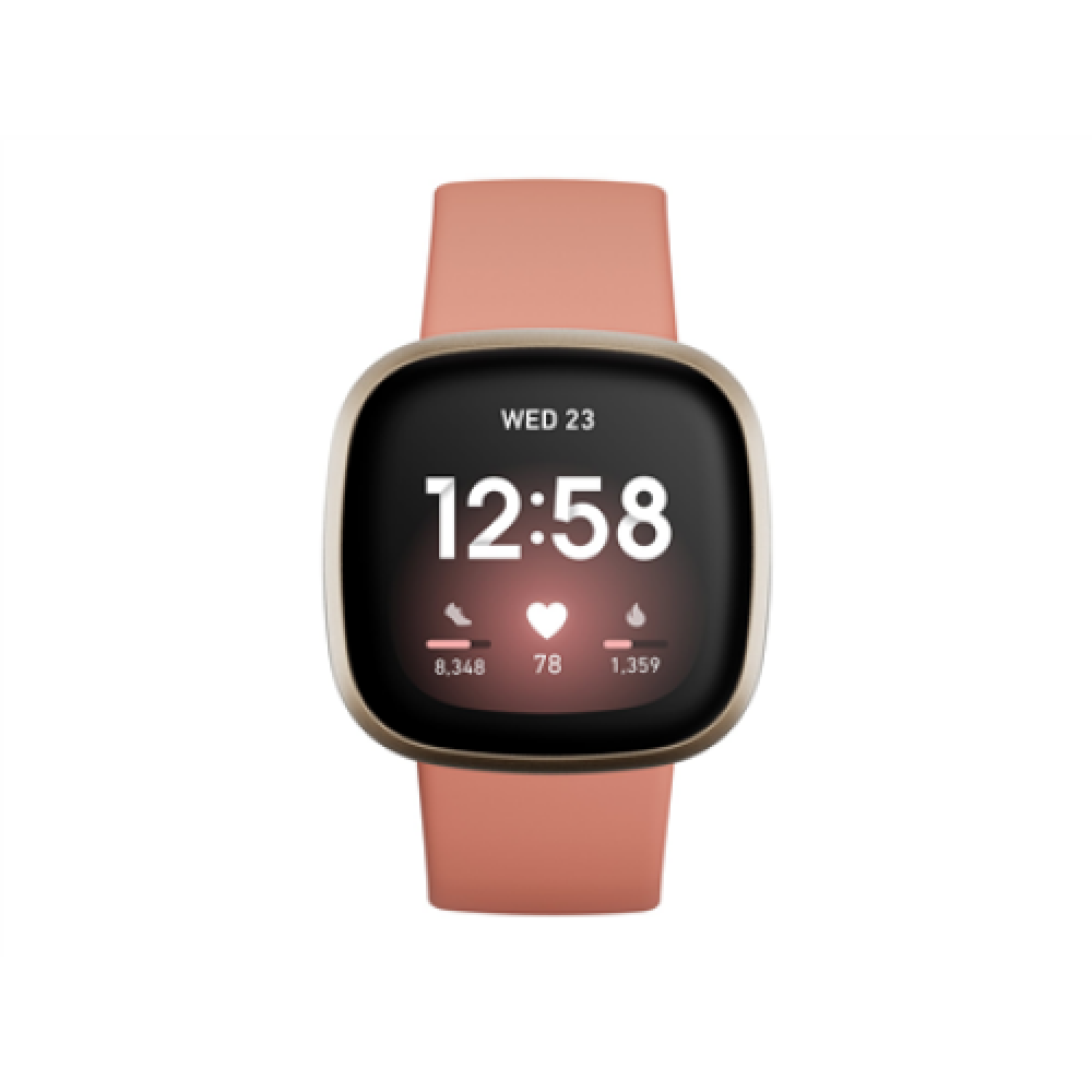 Fitbit Versa 3 Smart watch NFC GPS (satellite) AMOLED Touchscreen Activity monitoring 24/7 Waterproof Bluetooth Wi-Fi Pink Clay/Soft Gold Aluminum
