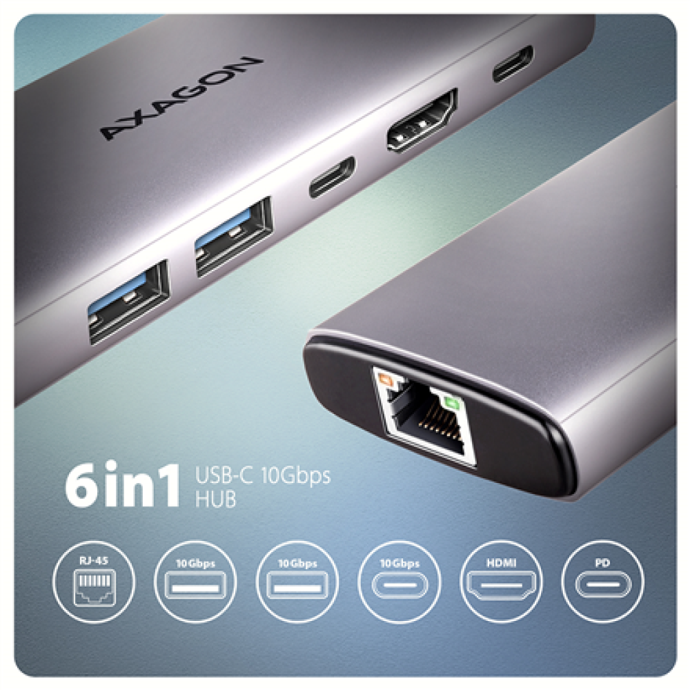 AXAGON Multi port USB-C 10Gbps hub , HMC-6G2L