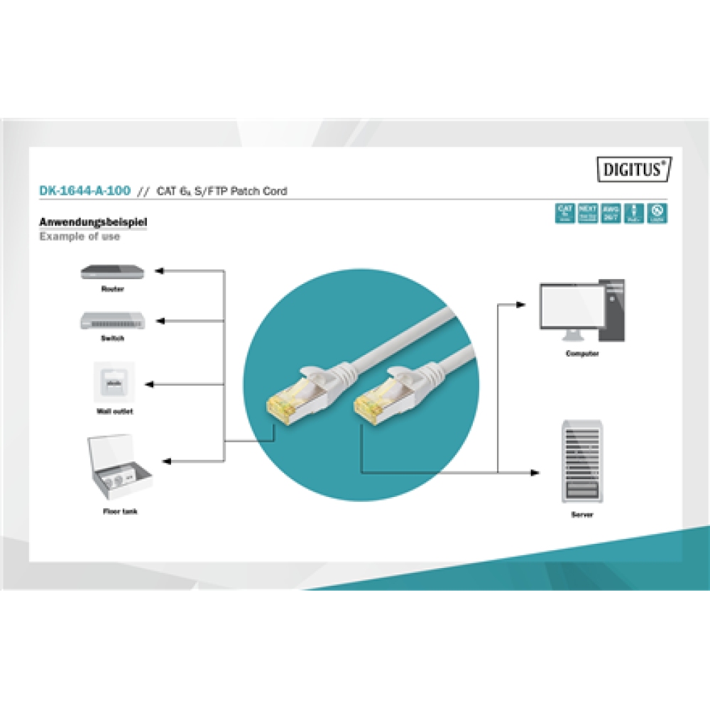 CAT 6A S/FTP , Patch cord , Length 10 m , Grey