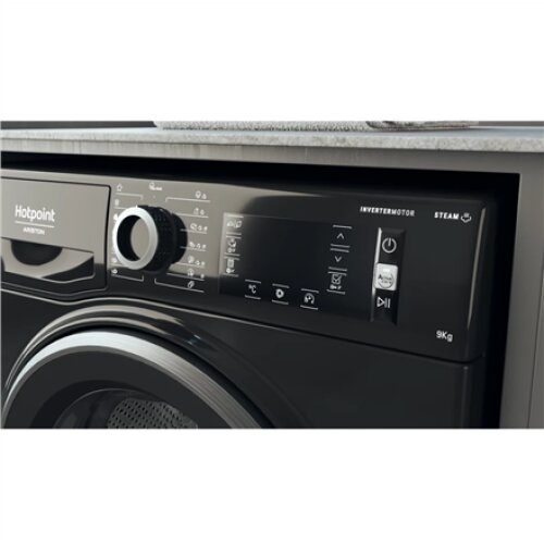 Hotpoint , Washing machine , NLCD 946 BS A EU N , Energy efficiency class A , Front loading , Washing capacity 9 kg , 1400 RPM , Depth 60.5 cm , Width 59.5 cm , Display , LCD , Steam function , Black