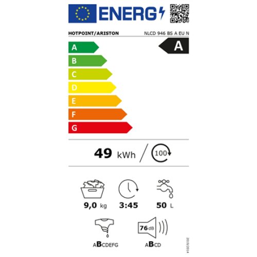 Hotpoint , Washing machine , NLCD 946 BS A EU N , Energy efficiency class A , Front loading , Washing capacity 9 kg , 1400 RPM , Depth 60.5 cm , Width 59.5 cm , Display , LCD , Steam function , Black