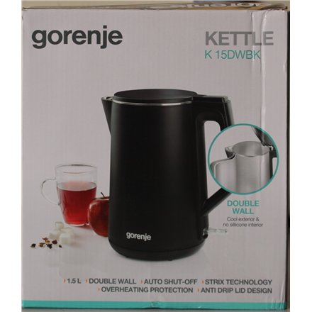 SALE OUT. , SALE OUT. Gorenje Kettle , K15DWBK , Electric , 2200 W , 1.5 L , Stainless steel , 360° rotational base , Black , DAMAGED PACKAGING, SCRATCHED