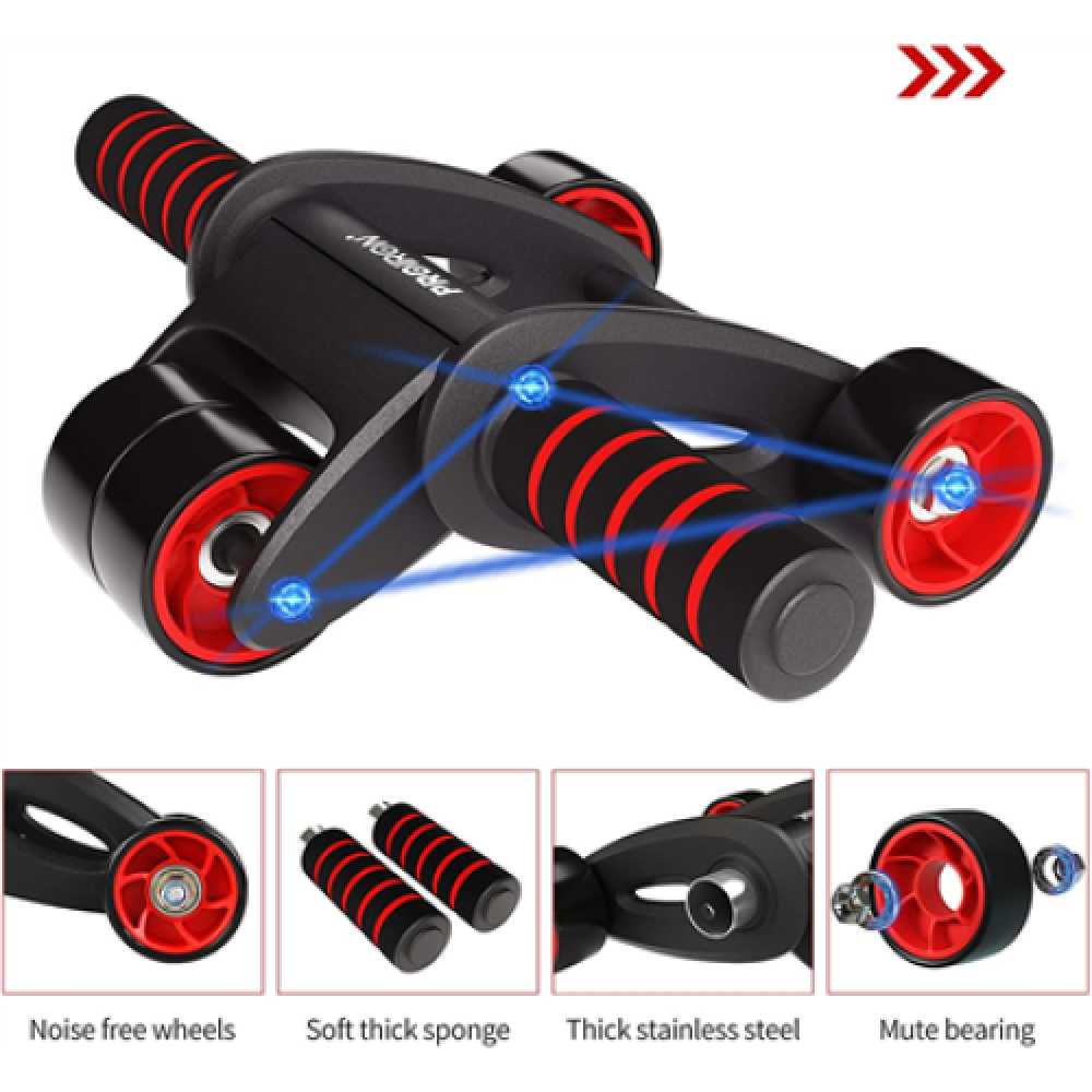 PROIRON Ab Abdominal Roller Whee Black/Red, Stainless-steel bar / Foam handles, Ab roller + Mat