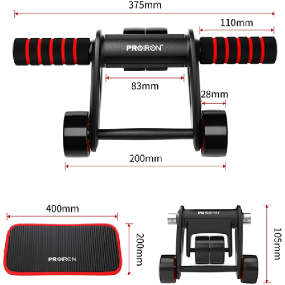PROIRON Ab Abdominal Roller Whee Black/Red, Stainless-steel bar / Foam handles, Ab roller + Mat