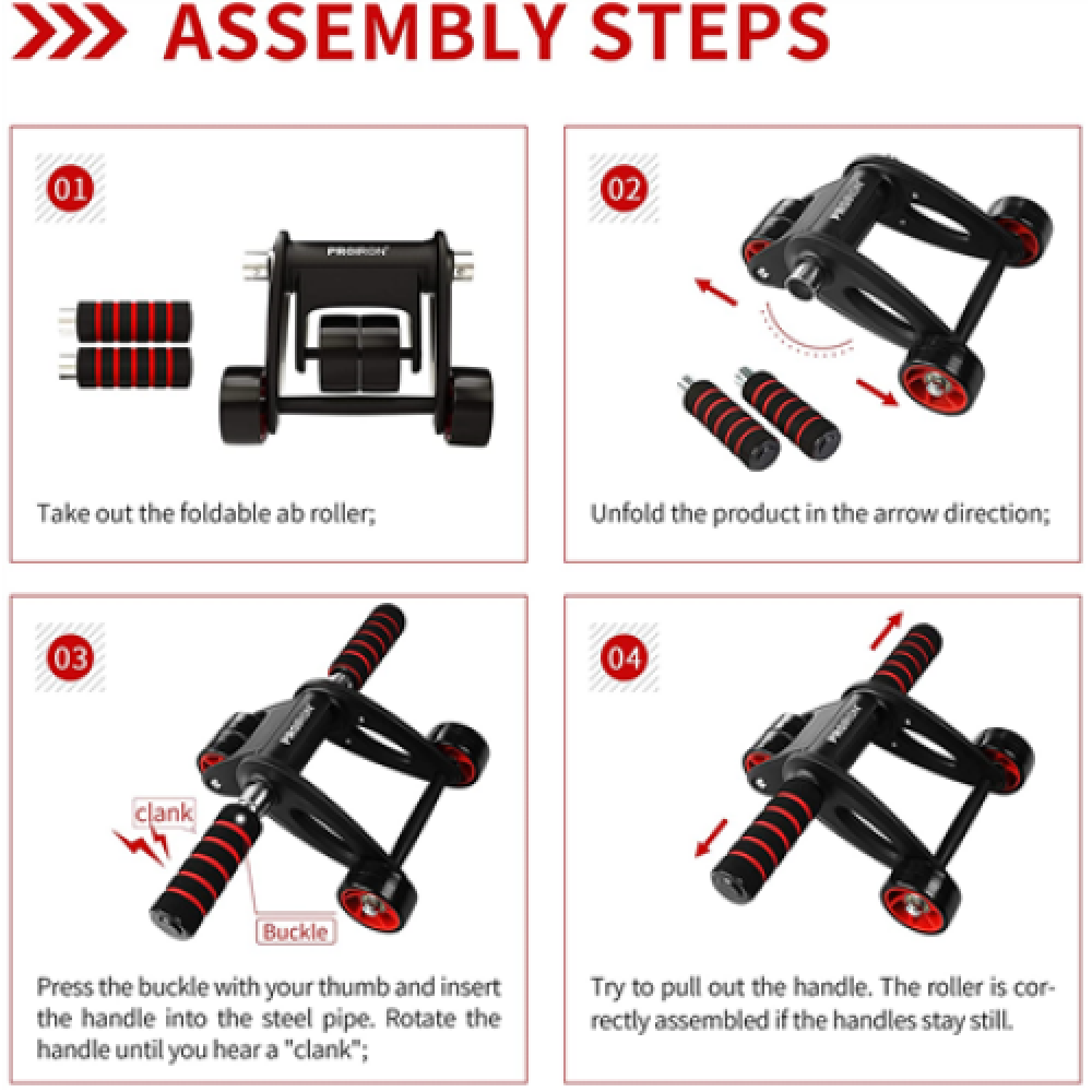 PROIRON Ab Abdominal Roller Whee Black/Red, Stainless-steel bar / Foam handles, Ab roller + Mat