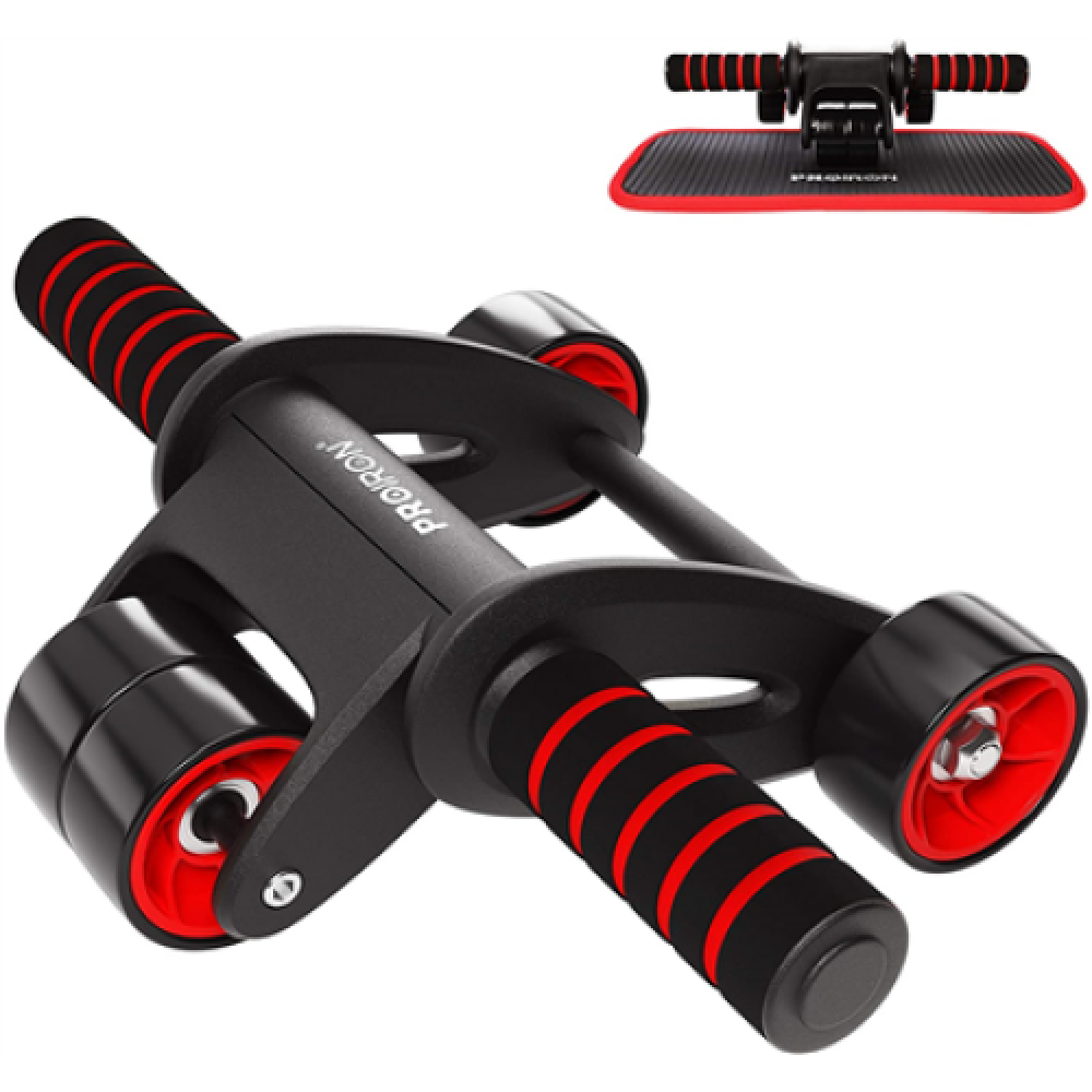 PROIRON Ab Abdominal Roller Whee Black/Red, Stainless-steel bar / Foam handles, Ab roller + Mat