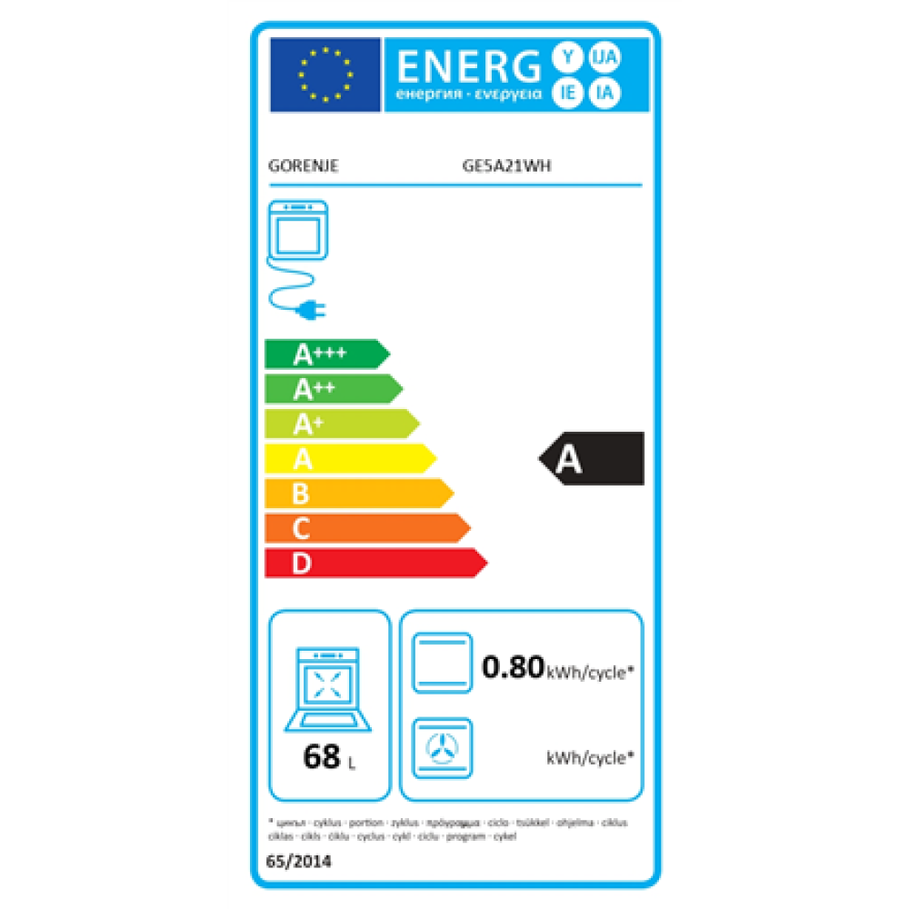 Gorenje Cooker , GE5A21WH , Hob type Electric , Oven type Electric , White , Width 50 cm , Grilling , Depth 59.4 cm , 68 L