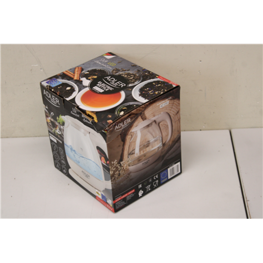 SALE OUT. Adler AD 1283C Kettle, Glass, 1L, White , Adler , Kettle , AD 1283C , Electric , 900 W , 1 L , Glass/Stainless steel , 360° rotational base , Cream , DAMAGED PACKAGING