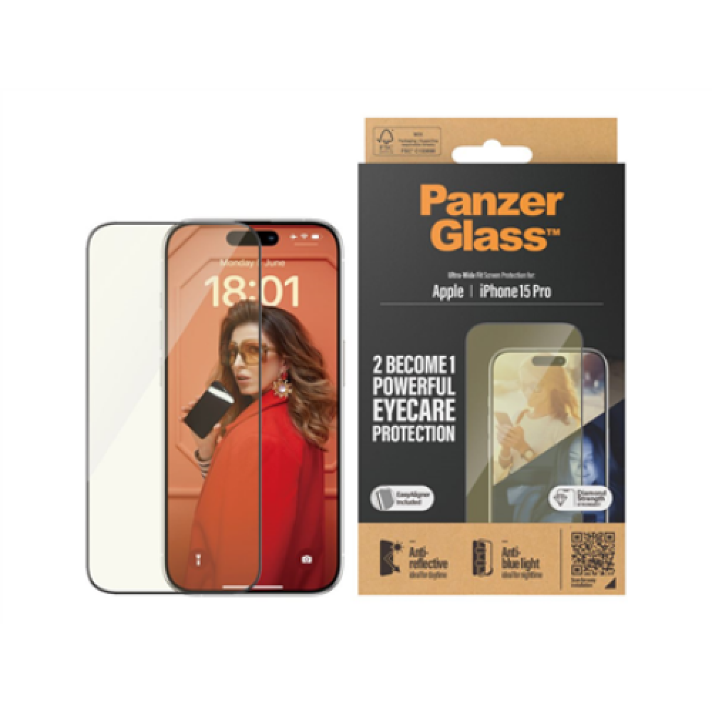 PanzerGlass , Screen protector , Apple , iPhone 15 Pro , Glass , Clear , Ultra-Wide Fit; Easy installation; Fingerprint resistant; Anti-blue light; Anti-reflective; Anti-yellowing , Eyecare