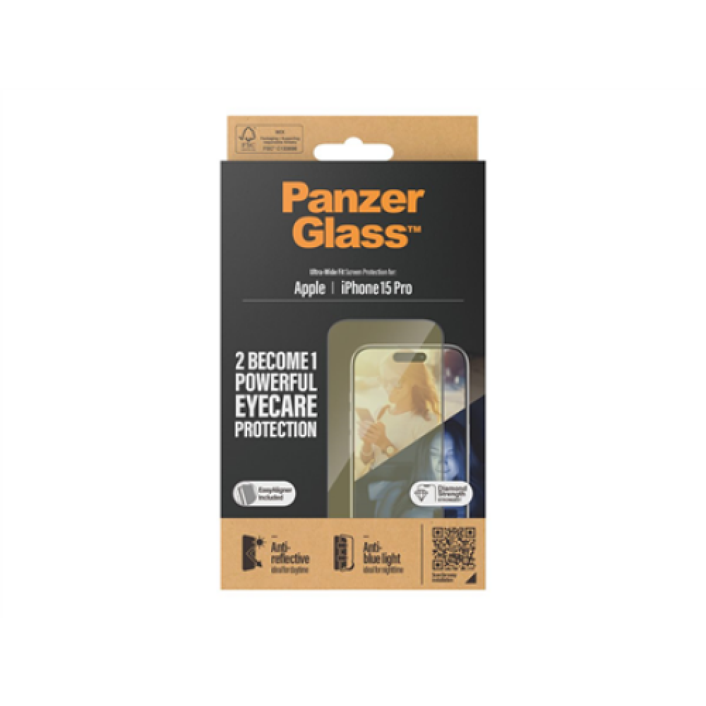 PanzerGlass , Screen protector , Apple , iPhone 15 Pro , Glass , Clear , Ultra-Wide Fit; Easy installation; Fingerprint resistant; Anti-blue light; Anti-reflective; Anti-yellowing , Eyecare
