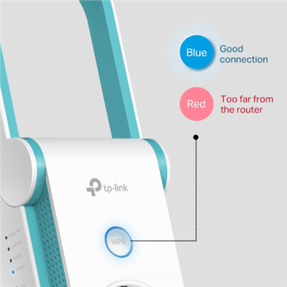 TP-LINK , Extender , RE365 , 802.11ac , 2.4GHz/5GHz , 300+867 Mbit/s , 10/100 Mbit/s , Ethernet LAN (RJ-45) ports 1 , MU-MiMO No , no PoE , Antenna type 2xExternal