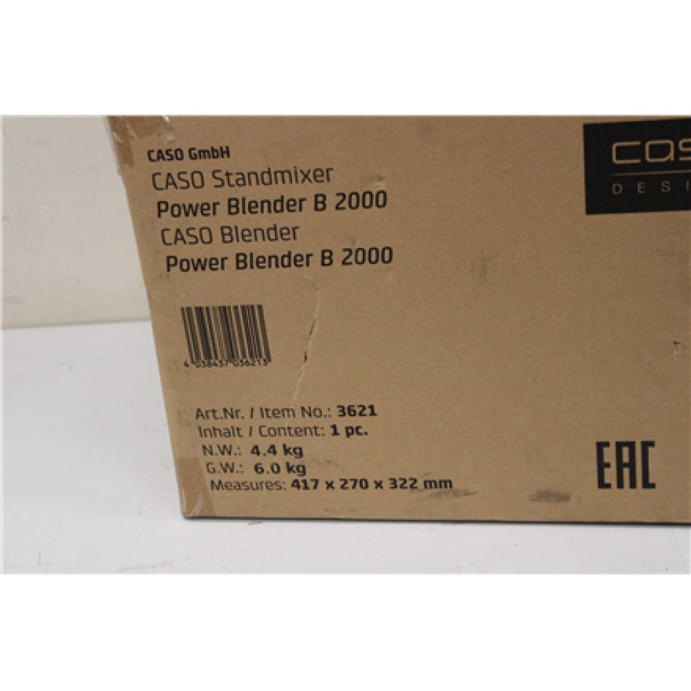 SALE OUT. Caso B 2000 Power Blender, Power 2000 W, Black , Caso Power Blender , B 2000 , Tabletop , 2000 W , Jar material Tritan , Jar capacity 2 L , Ice crushing , Black , DAMAGED PACKAGING, SCRATCHED SIDE OF LIQUID CONTAINER