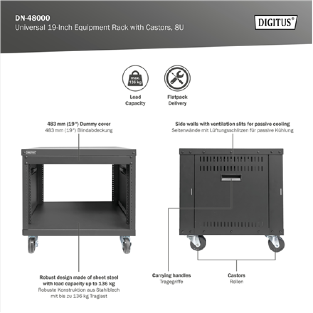 Digitus Universal 19-Inch Equipment Rack with Castors, 8U , DN-48000