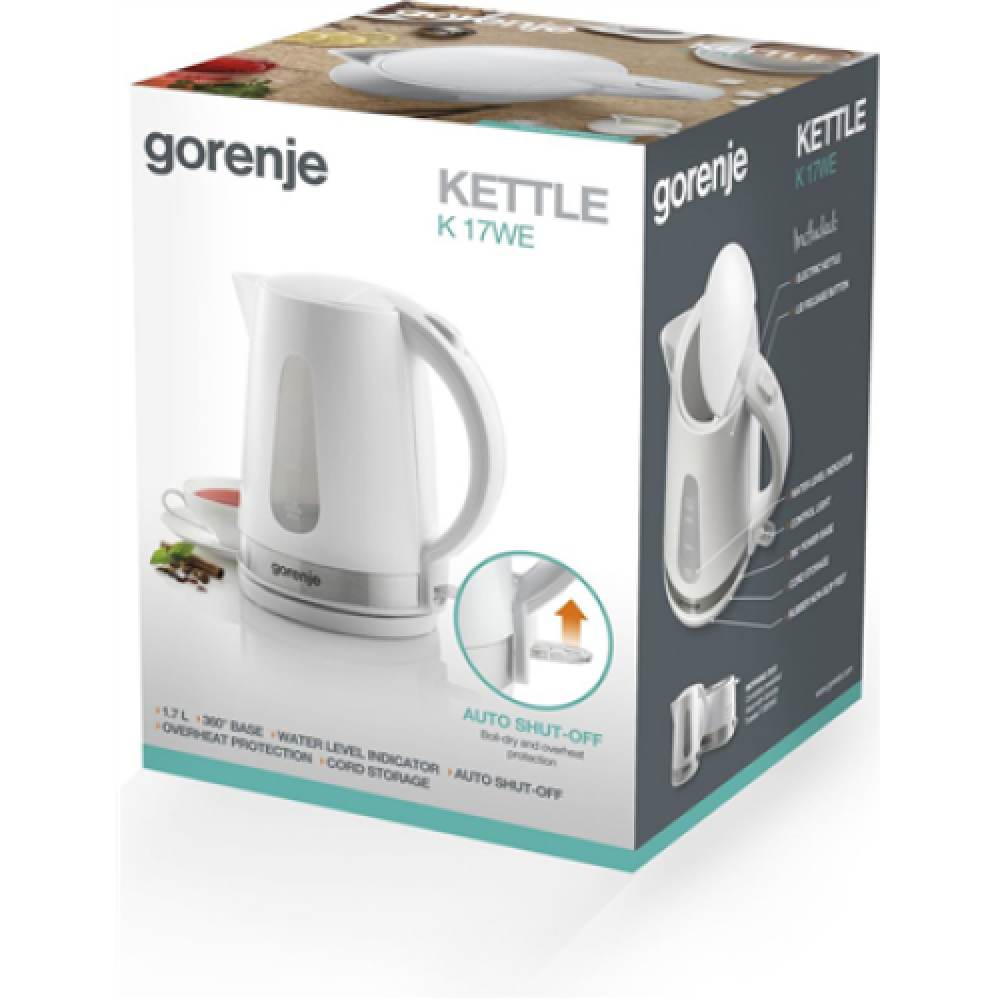 Gorenje , Kettle , K17WE , Electric , 2200 W , 1.7 L , Plastic + metal , 360° rotational base , White
