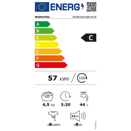 Whirlpool , Washing Machine , TDLRB 65242BS EU/N , Energy efficiency class C , Top loading , Washing capacity 6.5 kg , 1200 RPM , Depth 60 cm , Width 40 cm , LED , White