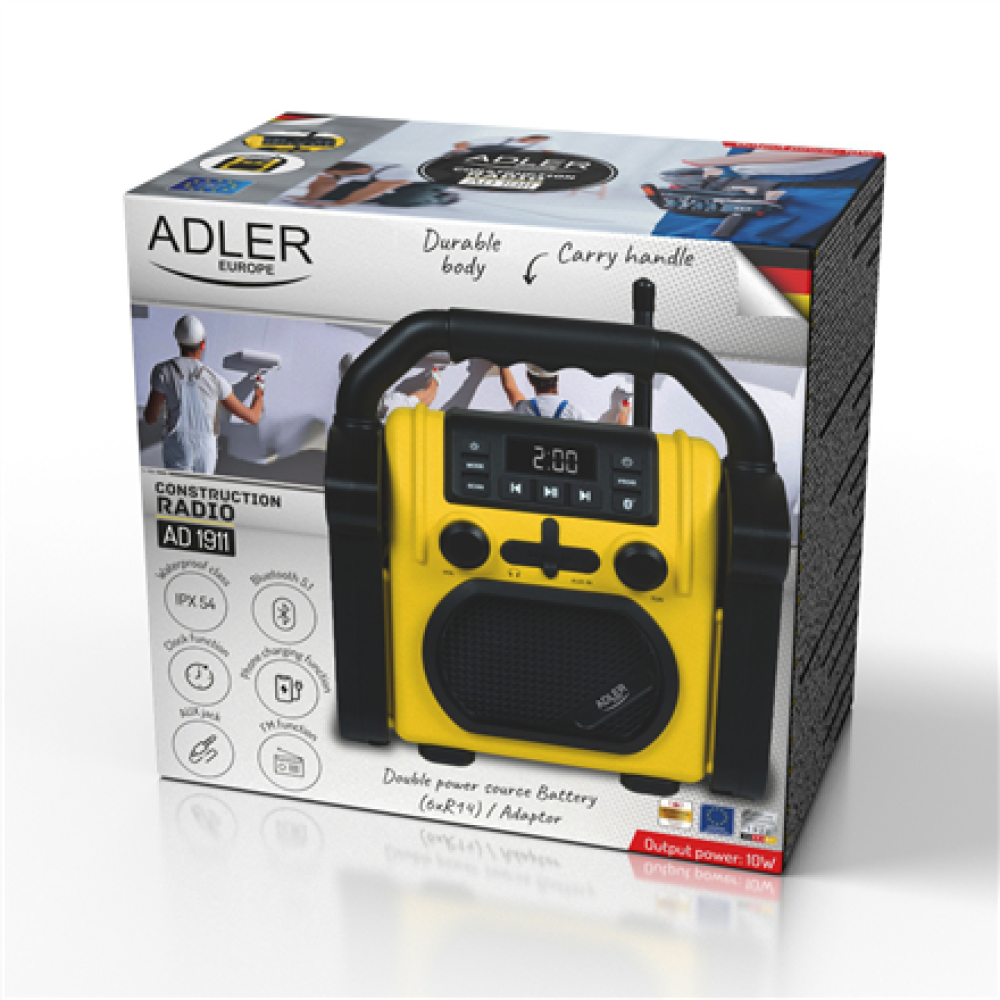 Adler , Construction radio with Bluetooth , AD 1911 , AUX in , Black/Yellow