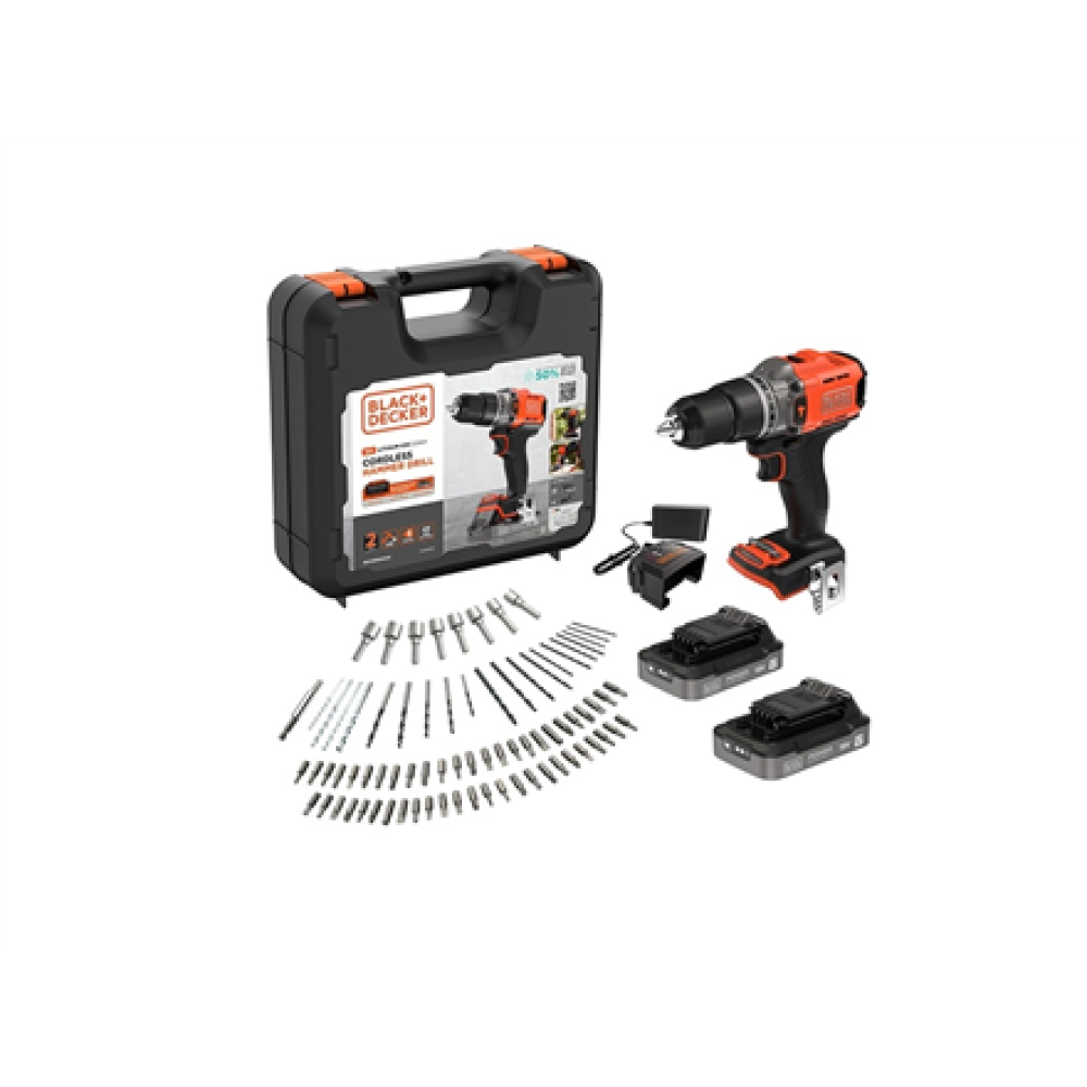 BLACK & DECKER 18V Impact Drill (with 2 x 18V 2.0Ah batteries with charge status indicator, 1A charger and 80 accessories) , BCD383D2XKA-QW , 2.0 Ah