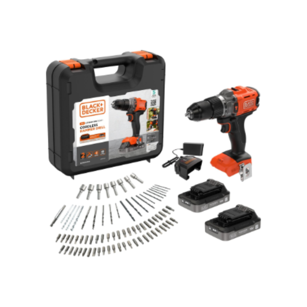 BLACK & DECKER 18V Impact Drill (with 2 x 18V 2.0Ah batteries with charge status indicator, 1A charger and 80 accessories) , BCD383D2XKA-QW , 2.0 Ah