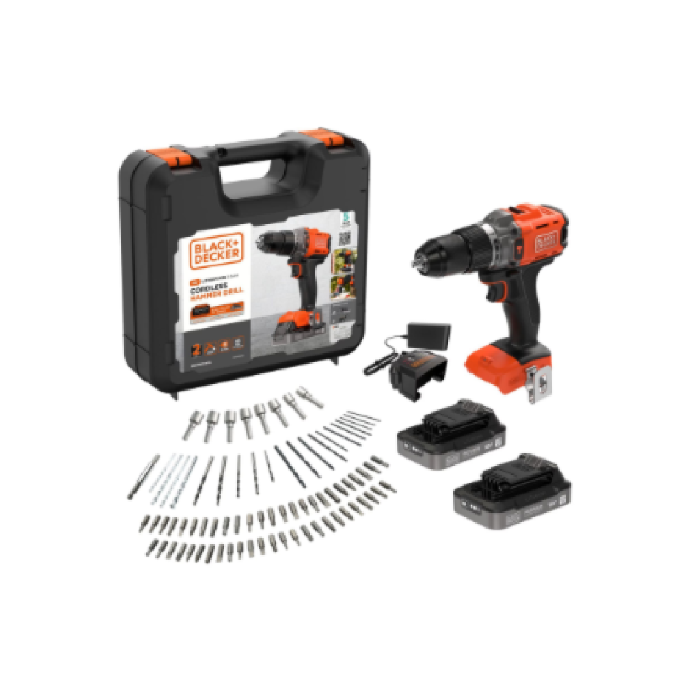 BLACK & DECKER 18V Impact Drill (with 2 x 18V 2.0Ah batteries with charge status indicator, 1A charger and 80 accessories) , BCD383D2XKA-QW , 2.0 Ah