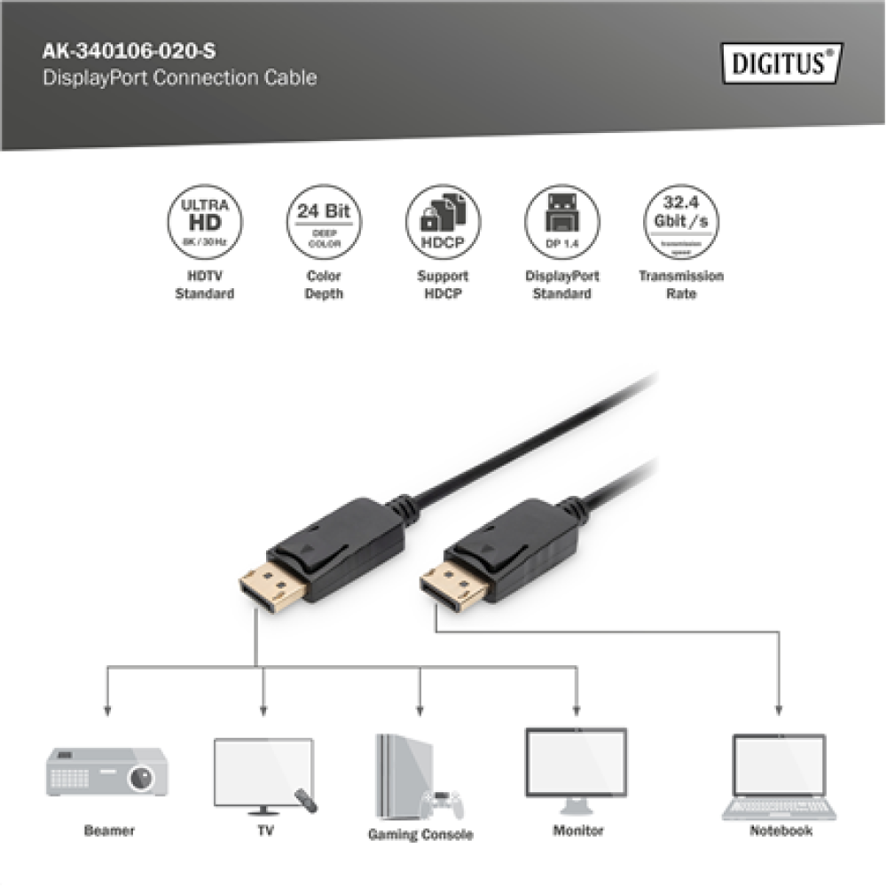 Digitus Connection Cable , AK-340106-020-S , DisplayPort to DisplayPort