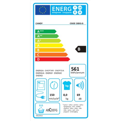 Candy Tumble Dryer CSOE C8DG-S Energy efficiency class B, Front loading, 8 kg, Condensation, LCD, Depth 58.5 cm, White