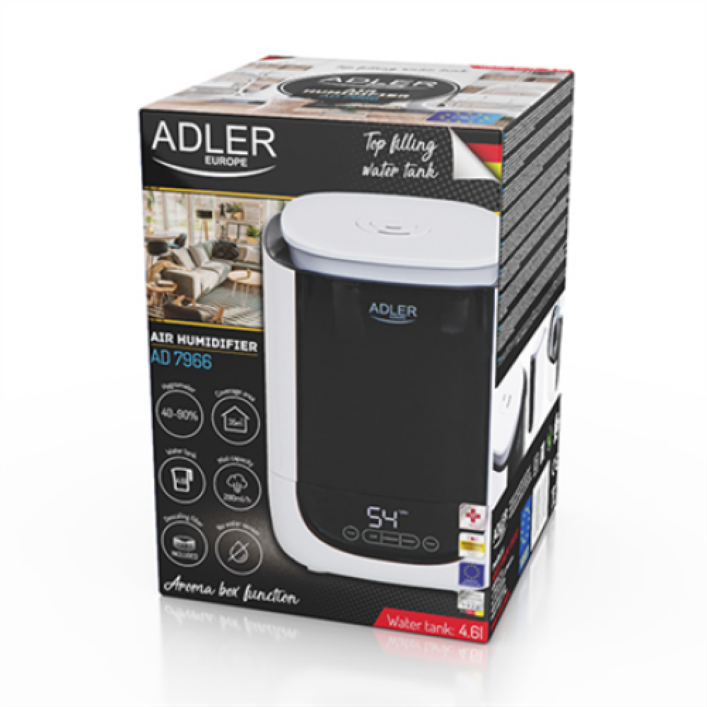 Adler , Air Humidifier , AD 7966 , 35 m³ , 25 W , Water tank capacity 4.6 L , Ultrasonic , Humidification capacity 280 ml/hr , White/Black