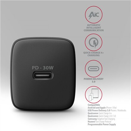 AXAGON Sil wallcharger 1x port USB-C, PD3.0/PPS/QC4+/SFC/AFC/Apple, 30W , ACU-PD30