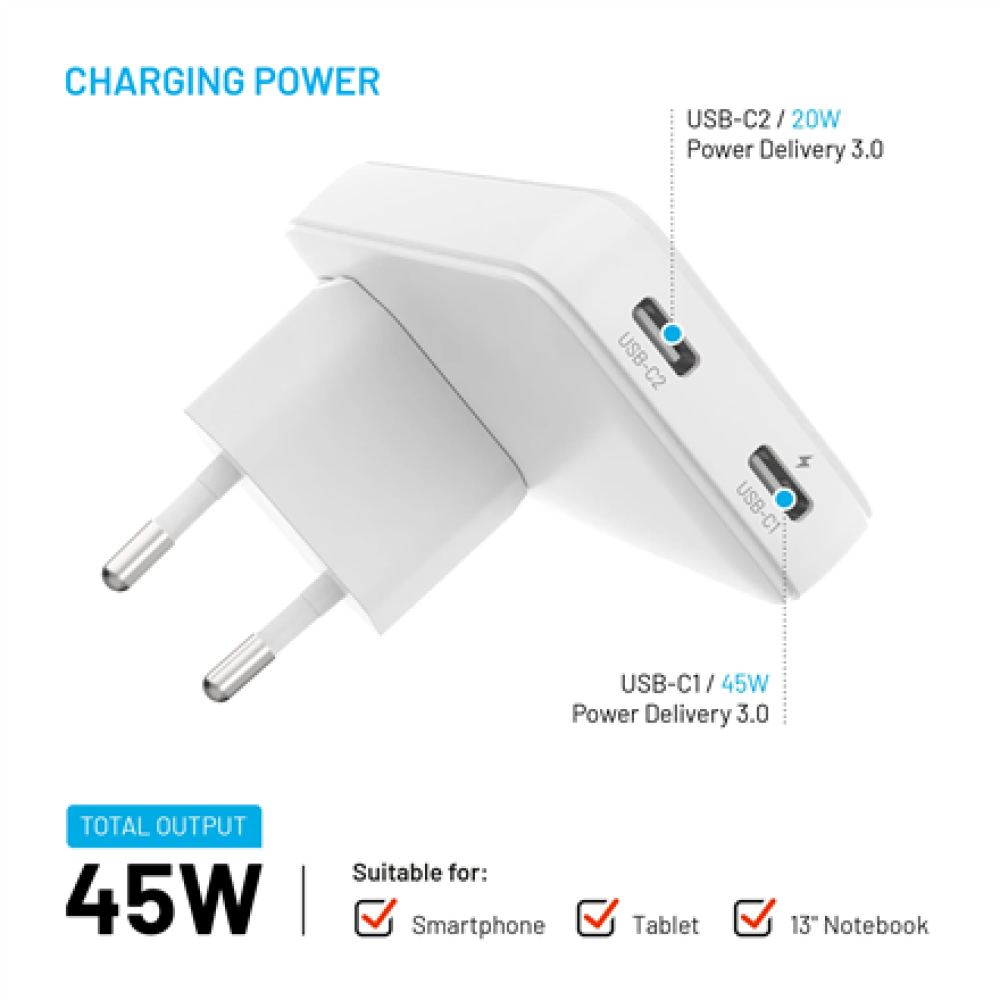 Fixed Slim Traveller 2xUSB-C Travel Charger with world adapters, GaN, 45W , White