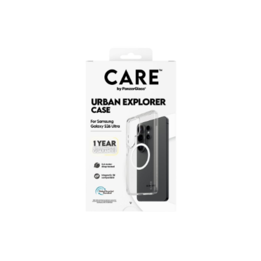 CARE by PanzerGlass Urban Explorer Case Transparent w. White Qi Samsung New Galaxy S26 Ultra , PanzerGlass