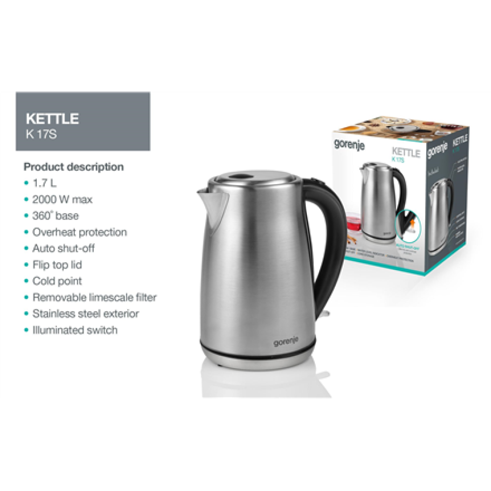 Gorenje , Kettle , K17S , Electric , 2000 W , 1.7 L , Stainless steel , 360° rotational base , Stainless steel