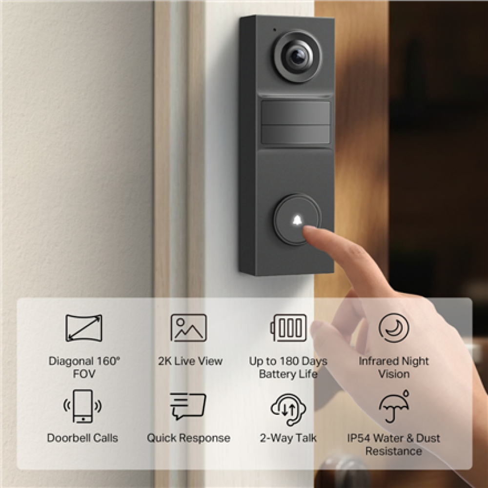 TP-LINK 2K Battery Video Doorbell , Tapo D205 , 3 MP , 2.4mm/F2.2 , IP54 , H.264 , Micro SD, Max. 512