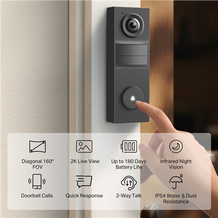 TP-LINK 2K Battery Video Doorbell , Tapo D205 , 3 MP , 2.4mm/F2.2 , IP54 , H.264 , Micro SD, Max. 512