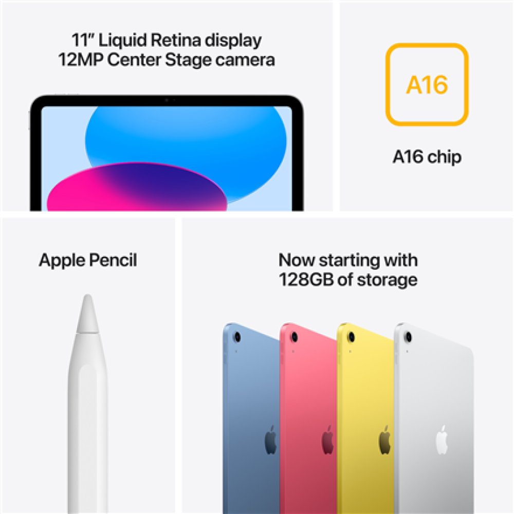 Apple iPad , 11 , Silver , Liquid Retina , 2360 x 1640 pixels , A16 , 128 GB , 128 GB , Wi-Fi , Front camera , 12 MP , Rear camera , 12 MP , Bluetooth , 5.3 , iOS