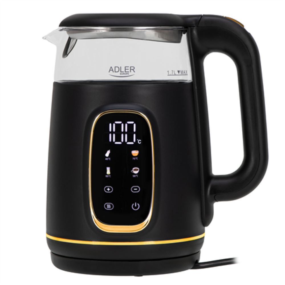 Adler Kettle with LED Display , AD 1305 , Electric , 2200 W , 1.7 L , Plastic , 360° rotational base , Black/Gold