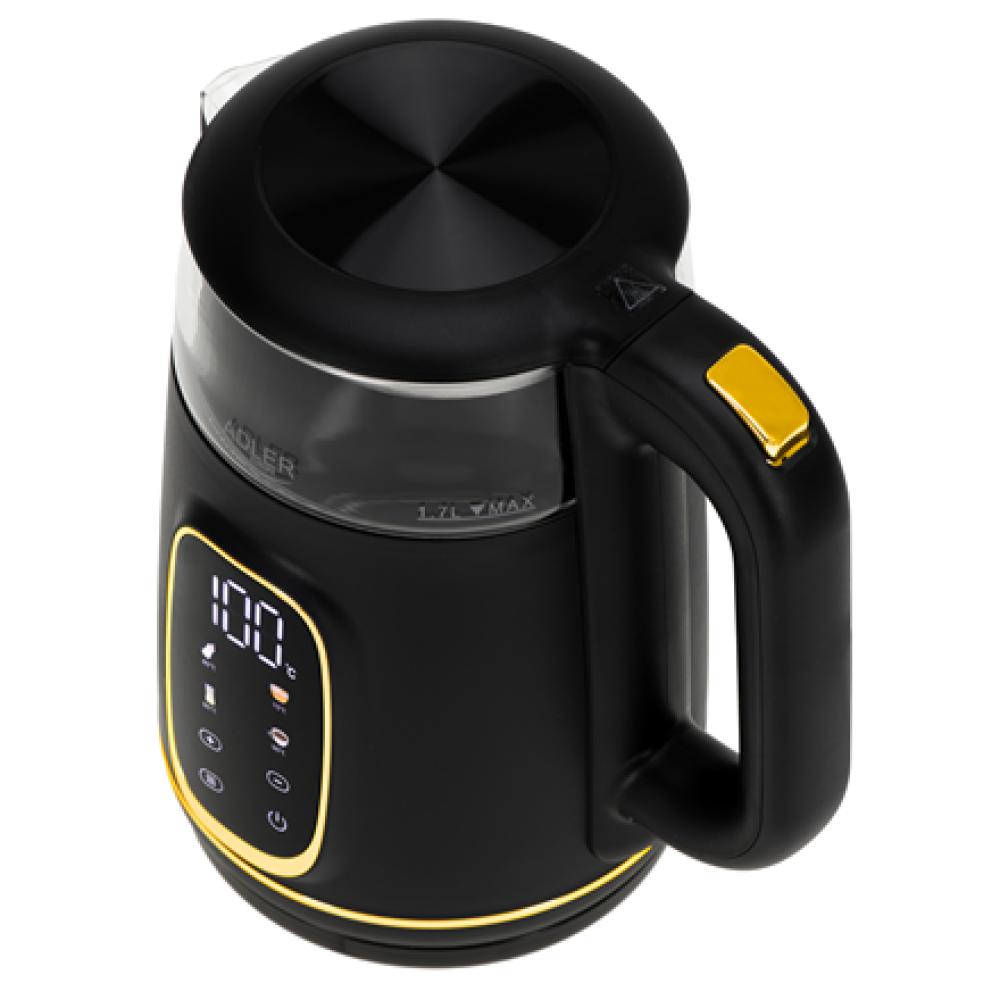 Adler Kettle with LED Display , AD 1305 , Electric , 2200 W , 1.7 L , Plastic , 360° rotational base , Black/Gold
