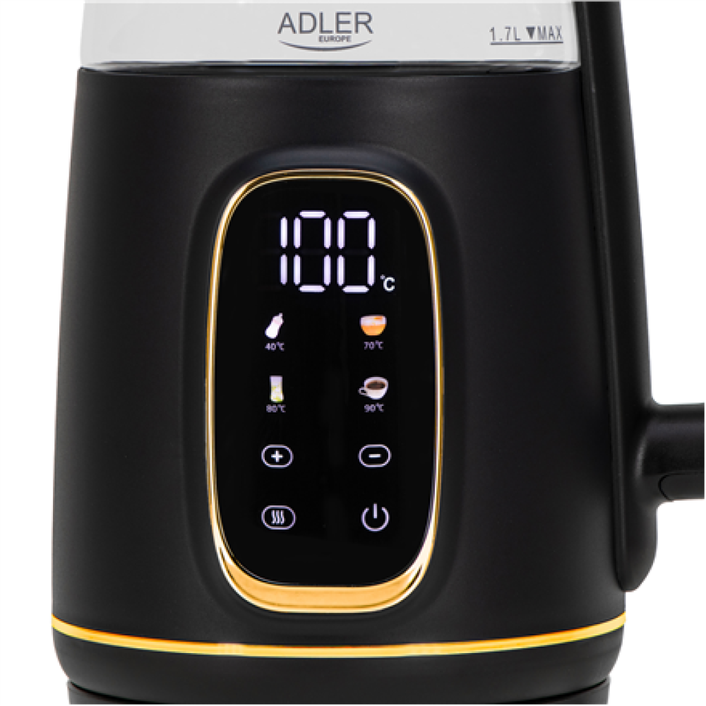 Adler Kettle with LED Display , AD 1305 , Electric , 2200 W , 1.7 L , Plastic , 360° rotational base , Black/Gold