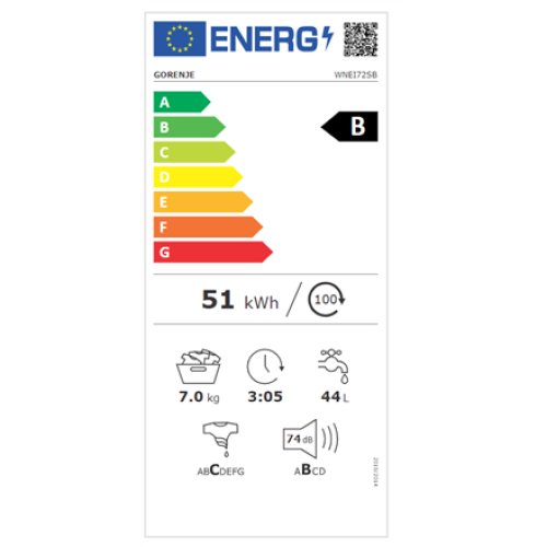 Gorenje , Washing Machine , WNEI72SB , Energy efficiency class B , Front loading , Washing capacity 7 kg , 1200 RPM , Depth 46.5 cm , Width 60 cm , Display , LED , Steam function , Self-cleaning , White